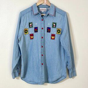 Vtg Christmas Stamps Denim Button Down Shirt Embroidered Holiday Festive Teacher